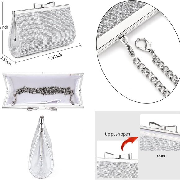 Evening Clutch Bag Rhinestone Crystal Satin Formal Wedding Prom Purse - Picture 7 of 9